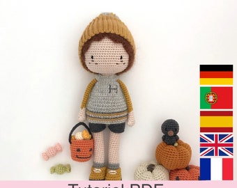 PDF tutorial in French/English/Español/Deutsch/Português, crochet Halloween doll, crochet pattern instructions to download
