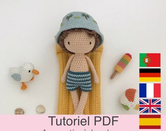 PDF tutorial in French/English/German/Spanish/Portuguese, crochet doll, pattern, crochet pattern instructions
