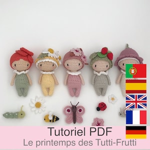 PDF tutorial in French/English/Spanish/German/Portuguese 5 small crochet flower dolls, pattern, crochet model instructions