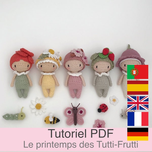 PDF-Tutorial in Français/English/Español/Deutsch/Português 5 kleine gehäkelte Blumenpuppen, Muster, Erklärungen zum Häkelmodell