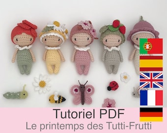 PDF-tutorial in Français/English/Español/Deutsch/Português 5 kleine gehaakte bloemenpoppen, patroon, uitleg van haakpatronen