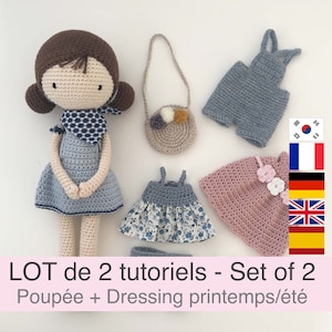 LOT of 2 PDF Tutorials in French/English/Deutsch/Español/Korean crochet doll and her wardrobe, pattern, crochet model instructions
