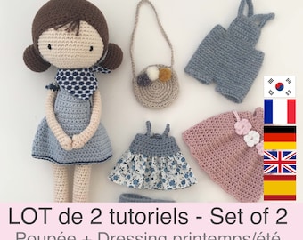 LOT of 2 PDF Tutorials in French/English/Deutsch/Español/Korean crochet doll and her wardrobe, pattern, crochet model instructions