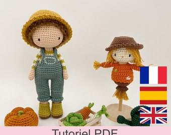 PDF-handleiding in het Frans/Engels/Spaans: gehaakte tuinmanpop en vogelverschrikker, patroon, instructies voor het haken van een tuinmanpop.