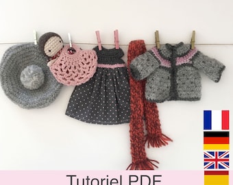 PDF tutorial in French/English/Deutsch/Spanish crochet doll wardrobe Autumn/winter, doll clothes pattern, instructions