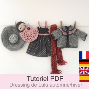 PDF tutorial in French/English/Deutsch/Español crochet doll dressing Autumn/winter, doll clothes pattern, explanations