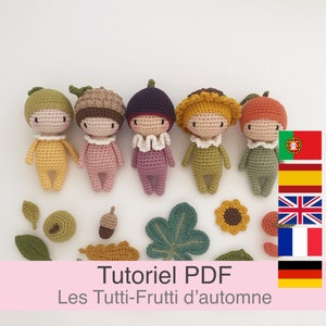 PDF tutorial in Français/English/Español/Deutsch/Português 5 little autumn crochet dolls, pattern, crochet pattern explanations