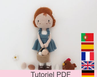 PDF tutorial in French/English/Spanish/German/Portuguese, crochet doll and hen, pattern, instructions, crochet model to download
