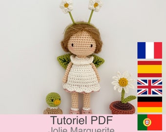 PDF tutorial in French/English/German/Spanish/Portuguese, crochet flower doll, pattern, crochet instructions