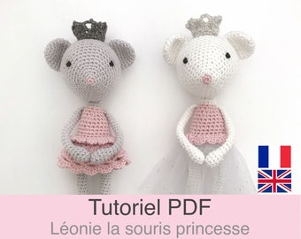 PDF tutorial in French/English, Crochet princess mouse, Mouse amigurumi crochet pattern, Crochet pattern explanations