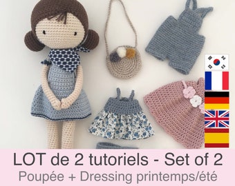 LOT of 2 PDF Tutorials in French/English/Deutsch/Español/Korean crochet doll and her wardrobe, pattern, crochet model explanations