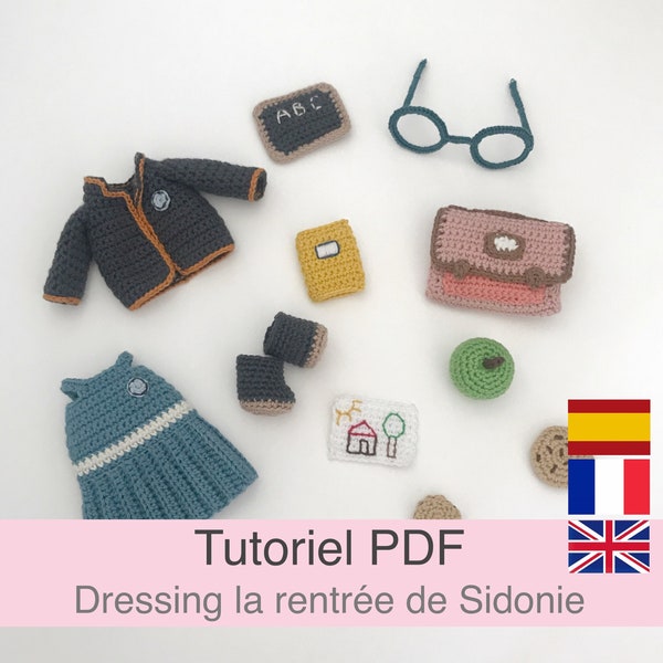 PDF tutorial in French/English/Español crochet doll dressing, pattern, crochet model explanations