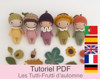 Tutoriel PDF en Français/English/Español/Deutsch/Português 5 petites poupées d'automne au crochet, patron, explications modèle au crochet