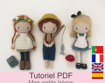 PDF tutorial in French/English/Spanish/Portuguese 3 little crochet dolls, pattern, crochet model instructions