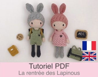 Tutoriel PDF en Français/English petits lapins au crochet et accessoires, patron, explications modèle au crochet