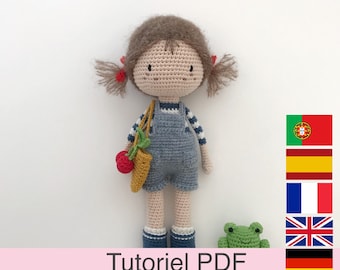 PDF tutorial in French/English/German/Spanish/Portuguese: crochet doll and frog, instructions and pattern to download.