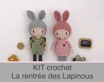 Lapinous back to school crochet kit, cuddly toy kit, tutorial and crochet rabbit material
