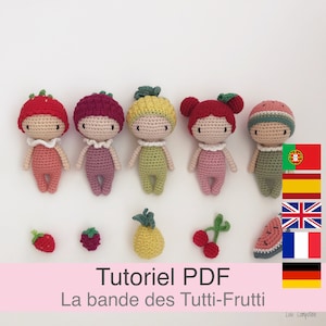 PDF tutorial in Français/English/Español/Deutsch/Português 5 small crochet fruit dolls, pattern, crochet pattern explanations