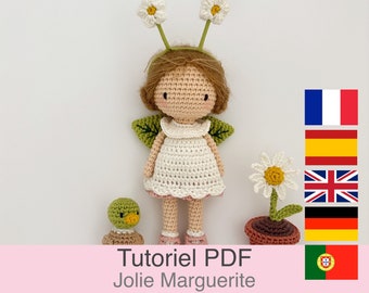 Tutoriel PDF en Français/English/Deutsch/Español/Português, poupée fleur au crochet, patron, explications modèle au crochet