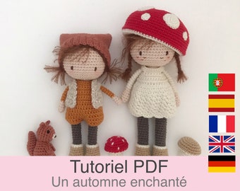 Tutorial in PDF in francese/inglese/tedesco/spagnolo/portoghese 2 bambole autunnali all'uncinetto, schema, spiegazioni del modello all'uncinetto