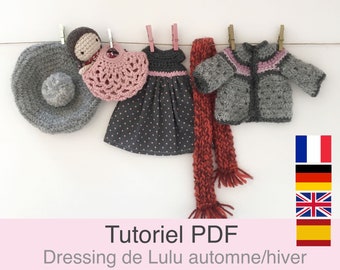 Tutorial PDF en francés/inglés/alemán/español vestir muñecas a crochet Otoño/invierno, patrón de ropa para muñecas, explicaciones