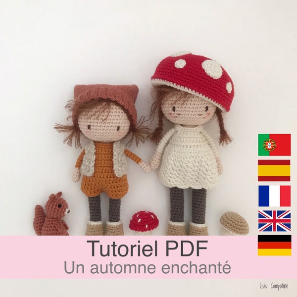 Tutorial PDF en francés/inglés/alemán/español/português 2 muñecos otoñales a crochet, patrón, explicaciones del modelo a crochet