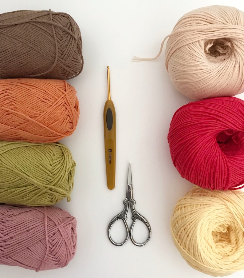 May include: Six balls of yarn in various colors, including brown, orange, green, pink, beige, and red, are arranged in a row. A crochet hook and a pair of scissors are also included in the image.