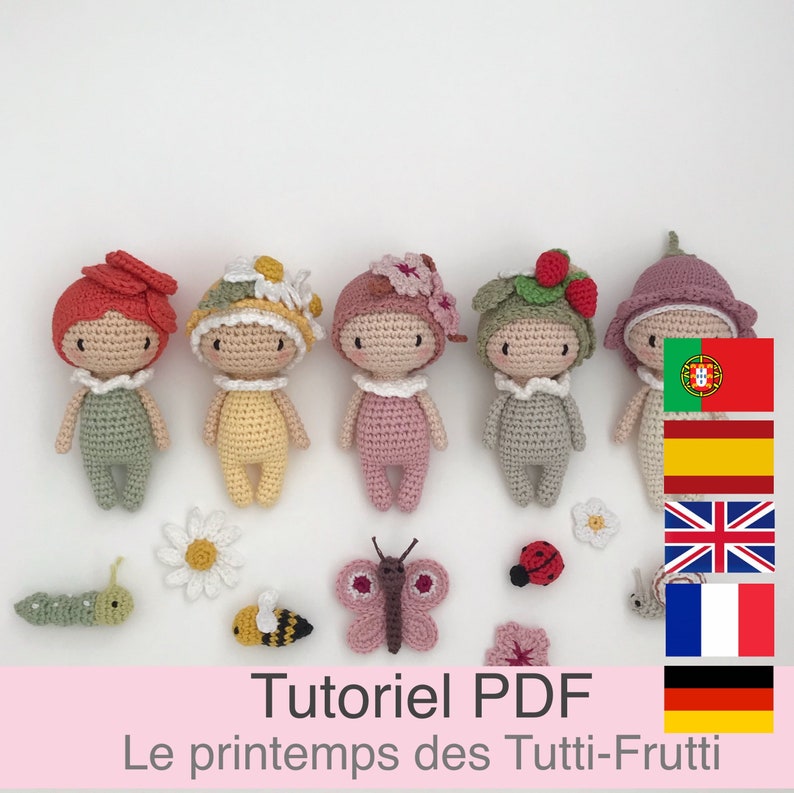 PDF tutorial in French/English/Español/Deutsch/Português 5 little crochet flower dolls, pattern, crochet model explanations image 1