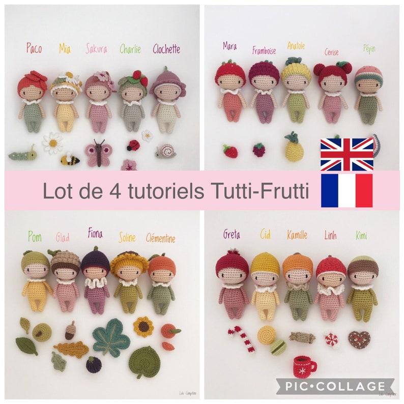 Set of 4 French/English PDF tutorials for crocheting 20 little seasonal dolls, pattern, crochet model explanations image 1