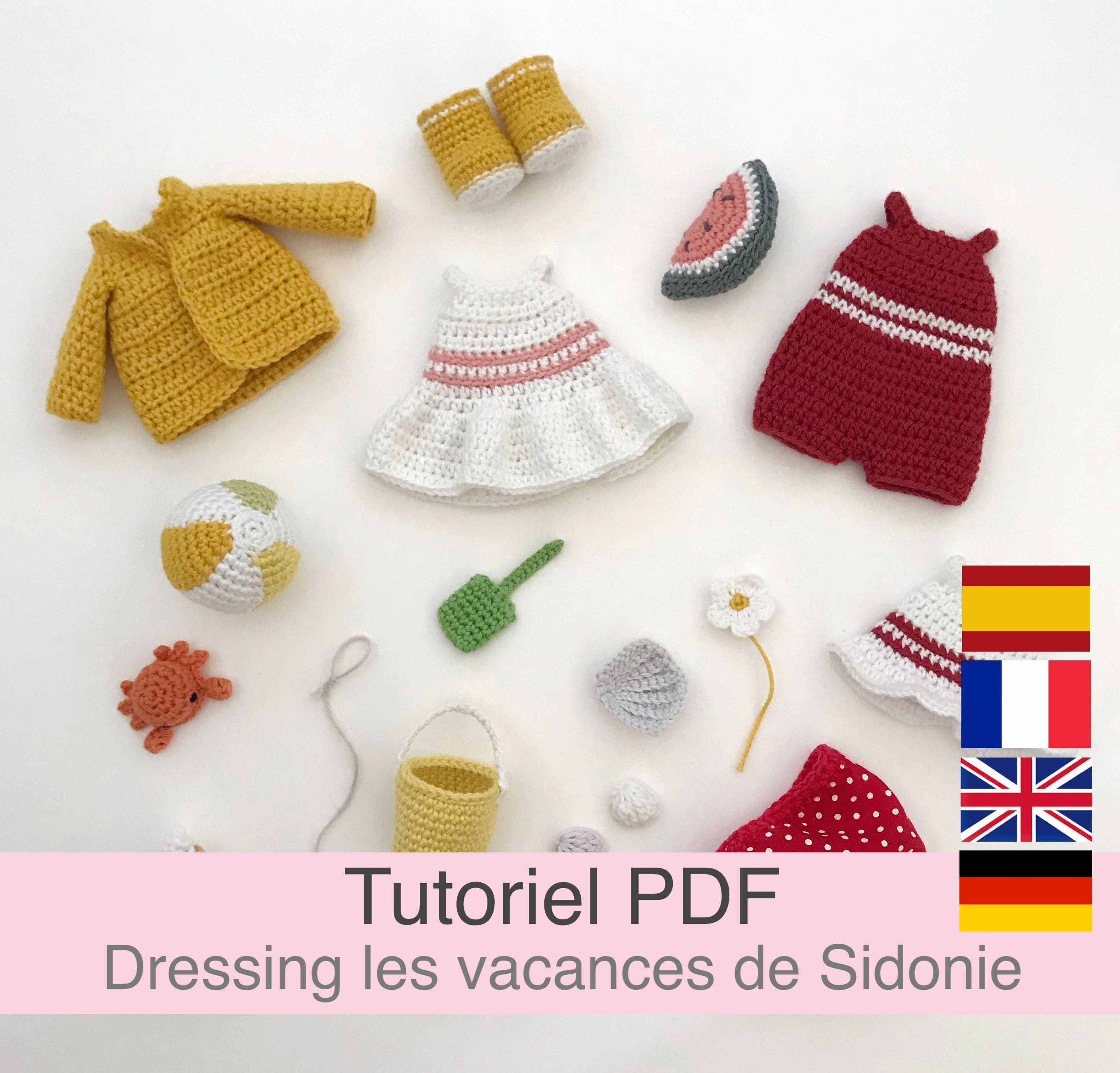 PDF tutorial in French/English/Spanish/German crochet doll dressing, pattern, crochet model instructions