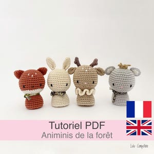 Może przedstawiać: Cztery ręcznie robione szydełkowe figurki zwierząt: lis, królik, jeleń i mysz. Lis jest czerwonobrązowy, królik kremowy, jeleń brązowy, a mysz szara. Każdy ma unikalne cechy i akcesoria. Widoczny jest również tekst "Tutoriel PDF Animinis de la forêt".