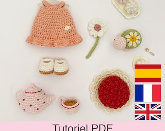 PDF tutorial in French/English/Spanish: crochet summer doll's wardrobe, pattern, instructions for the crochet model