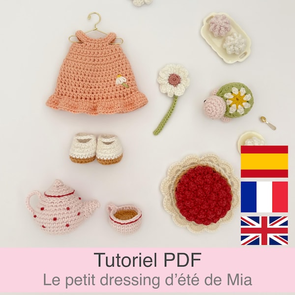 PDF tutorial in French/English/Spanish: crochet summer doll's wardrobe, pattern, instructions for the crochet model
