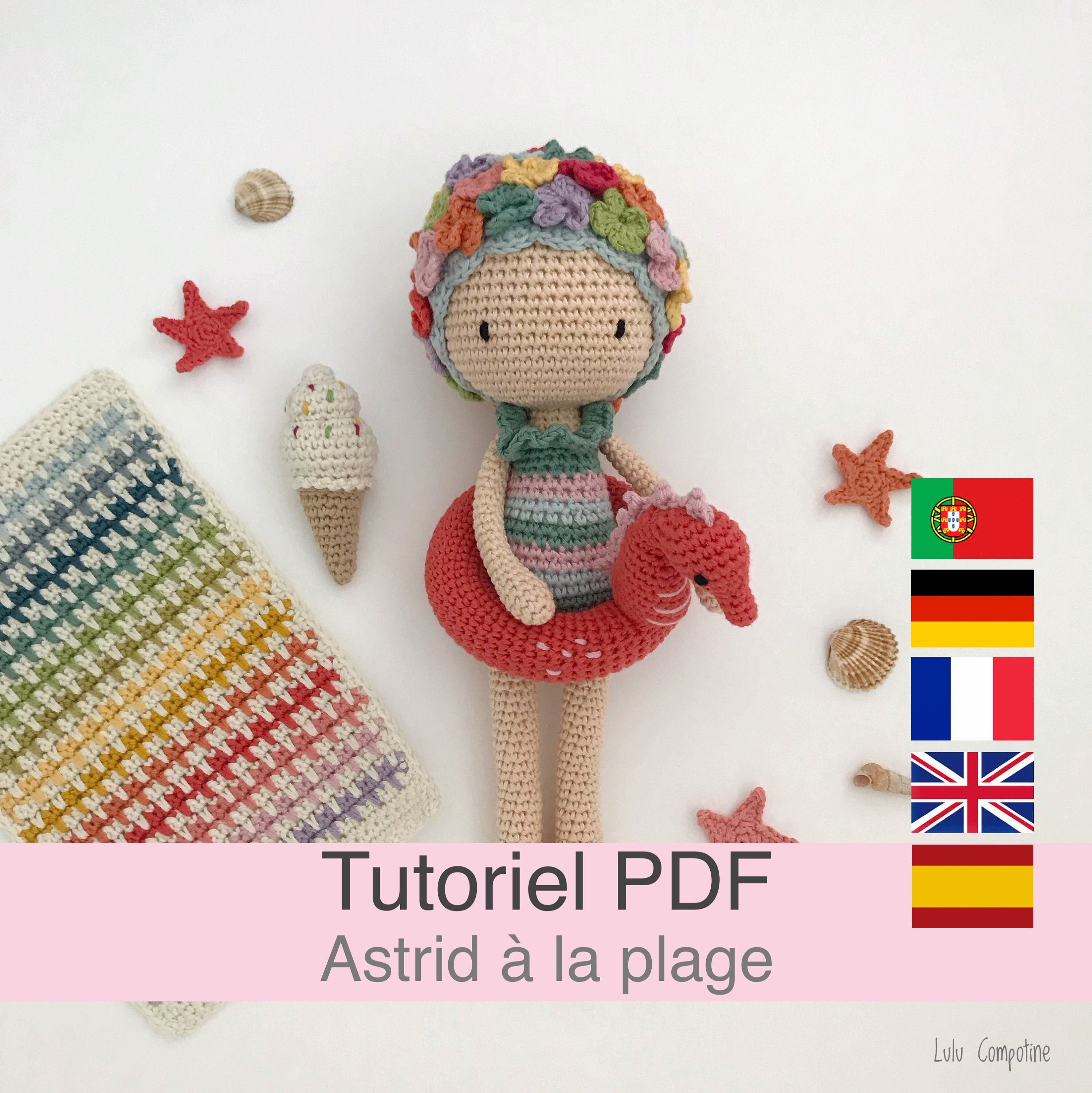 Tutorial en PDF (francés, inglés, alemán, español y portugués): muñeca de crochet, patrón, instrucciones para el modelo de crochet.