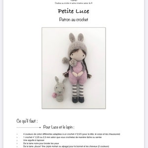 Pode incluir: Um padr&atilde;o de croch&ecirc; intitulado "Petite Luce" com uma boneca e um coelhinho. A boneca usa uma roupa rosa e um chap&eacute;u de coelho cinza. O coelhinho &eacute; cinza com um pompom rosa. O texto est&aacute; em franc&ecirc;s.