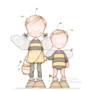 May include: Illustration of two children dressed as bees, holding hands. One wears a yellow and black striped dress, the other a striped onesie. They have antennae and wings. One holds a honey pot. Text at the bottom reads "pour que tu miel encore."