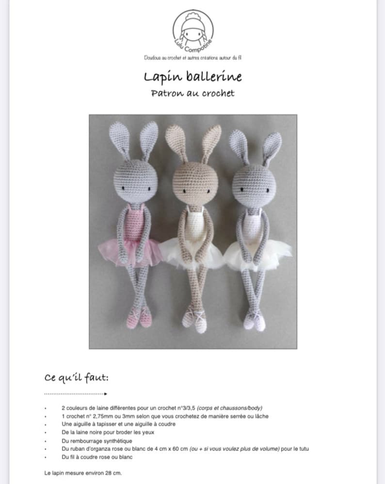 Puede incluir: Un patr&oacute;n de crochet para hacer un conejito bailarina. El patr&oacute;n incluye instrucciones para hacer el cuerpo, las piernas y el tut&uacute; del conejito. El patr&oacute;n tambi&eacute;n incluye instrucciones para hacer los zapatos del conejito. El patr&oacute;n est&aacute; escrito en franc&eacute;s.