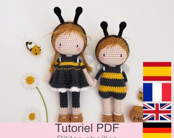 PDF tutorial in French/English/Spanish/German: 2 crocheted bee dolls, pattern, instructions for the crochet model