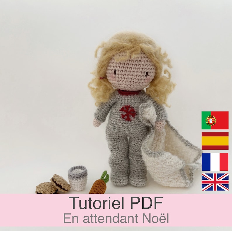 PDF tutorial in French/English/Español/Português, crochet Christmas doll, crochet pattern explanations to download image 1