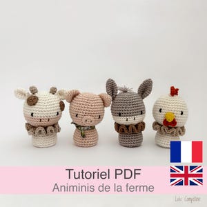 フランス語/英語のPDFチュートリアル、かぎ針編みの動物、編みぐるみ「農場の動物たち」