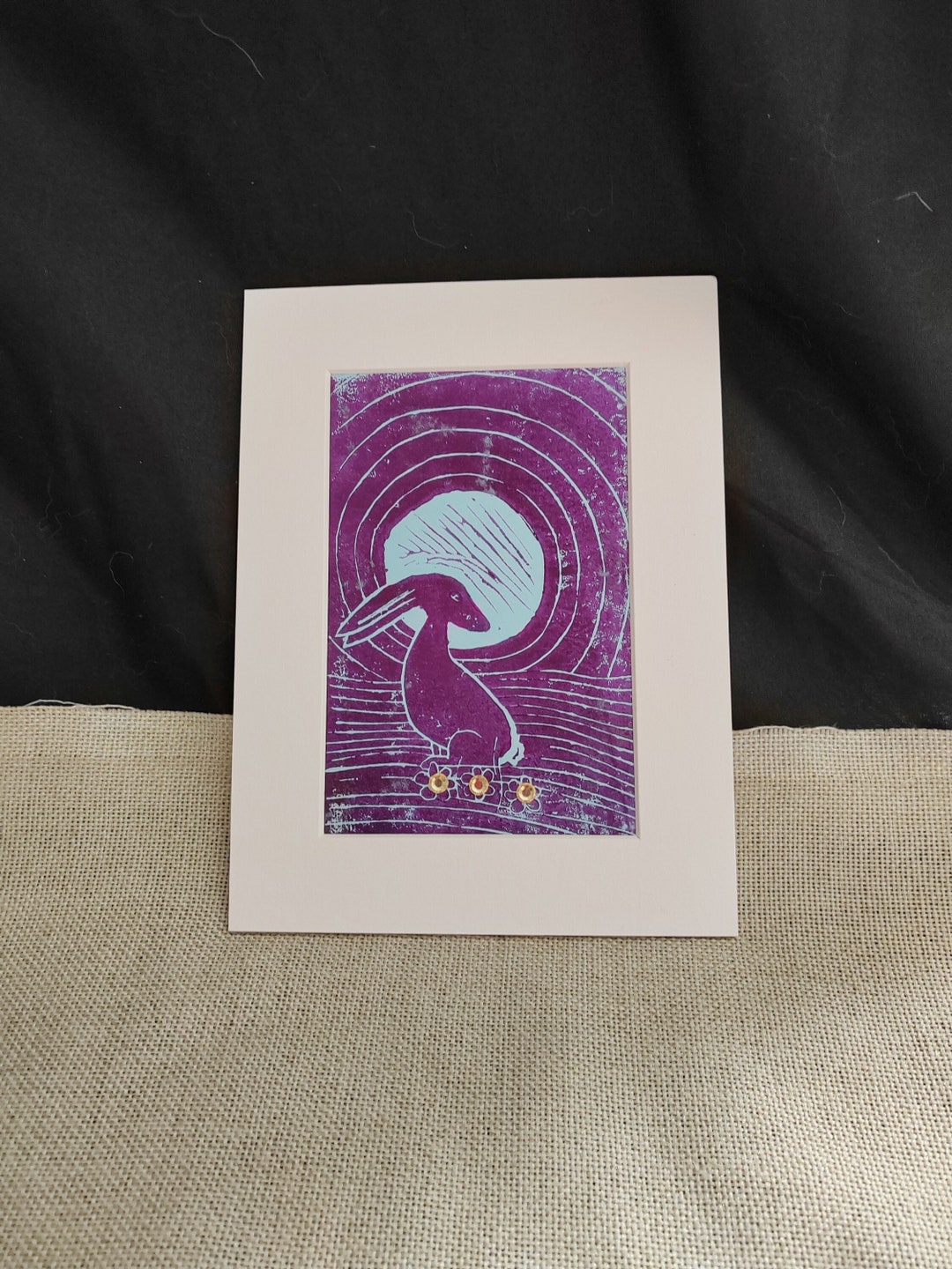 Hare and Moon Lino Print: Hand-printed Wall Art, Gold Gem Flowers - Etsy