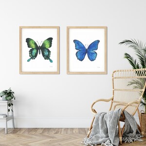 Puede incluir: Dos pinturas de acuarela enmarcadas de mariposas. La mariposa de la izquierda es verde y azul, mientras que la mariposa de la derecha es azul. Ambas mariposas est&aacute;n en vuelo.