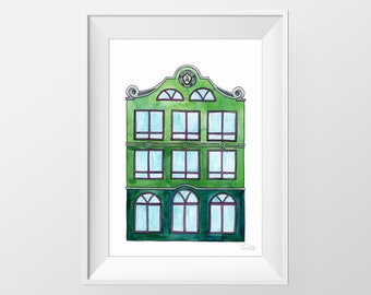 Aquarel Huis Illustratie, Groene Nederlandse Huis Print, Kleurrijke Huis Architectuur Afdrukbaar, Aquarel Home Portrait, DIGITALE DOWNLOAD