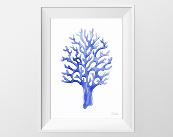 Blauwe koraal aquarel print, nautische illustratie, hedendaagse print, strand muur decor, Hamptons kunst aan de muur, digitale download