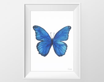 Impresión de acuarela de mariposa azul, Ilustración de mariposa imprimible, Arte imprimible contemporáneo, DESCARGA DIGITAL