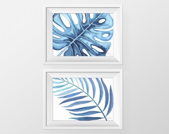 Blauwe bladeren aquarel print, afdrukbare botanische illustratie, hedendaagse afdrukbare kunst, digitale download