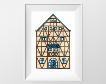 Aquarel huis illustratie, Beierse huis print, Colorfull huis architectuur, aquarel home portret, digitale download