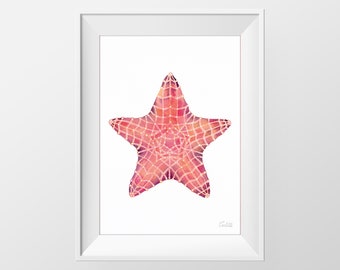 Red Star Aquarel Print, Nautische Illustratie, Hedendaagse Print, Beach Wall Decor, Hamptons Wall Art, DIGITALE DOWNLOAD