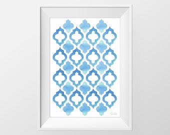 Enrejado marroquí azul, Ilustración de patrones geométricos, Arte imprimible contemporáneo, DESCARGA DIGITAL