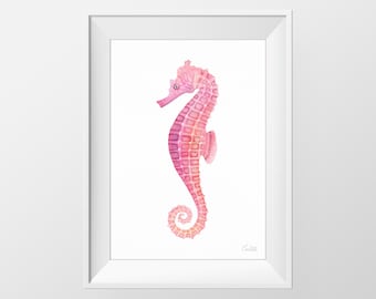 Red Seahorse Aquarel Print, Nautische Illustratie, Hedendaagse Print, Beach Wall Decor, Hamptons Wall Art, DIGITALE DOWNLOAD